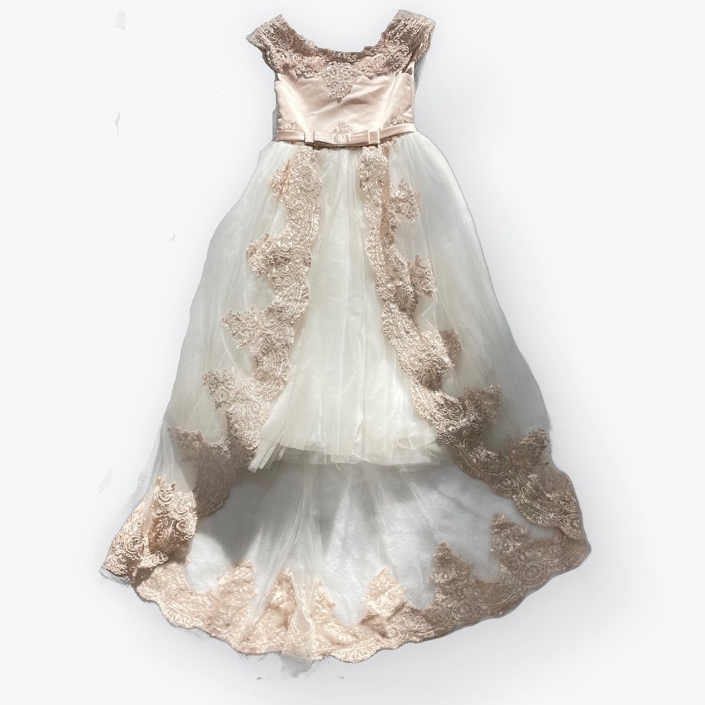 Girls satin, lace & tulle bridesmaid flower girl formal dress w/ train size 2-3 - Picture 2 of 12